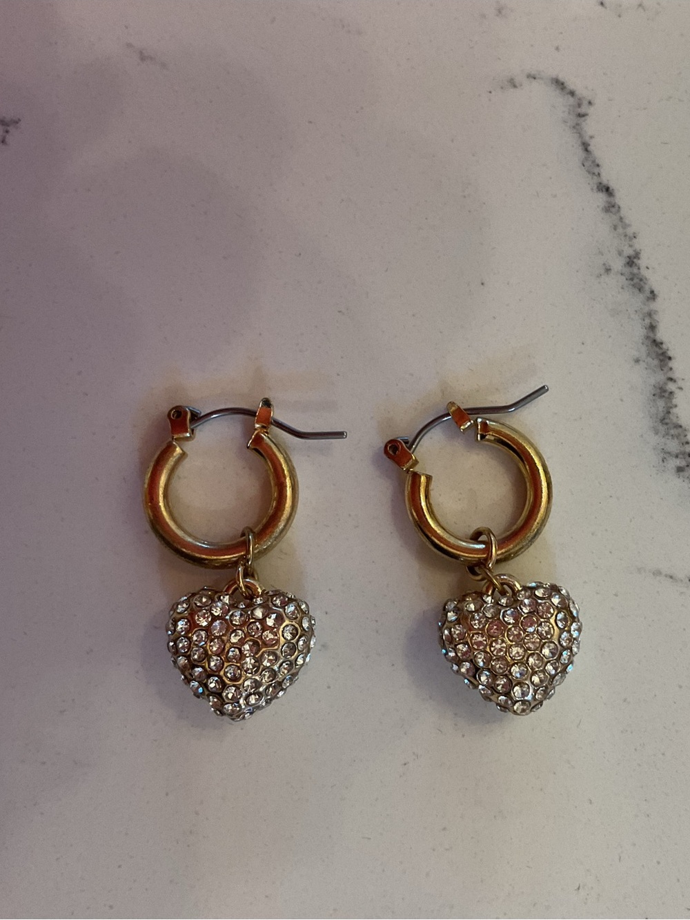Gold Hoop Heart Drop Earrings with Crystal Pavé Charm